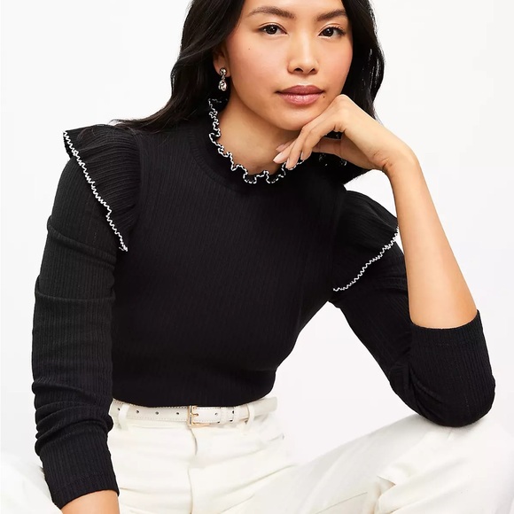 Loft Pointelle Ribbed Ruffle Top - Picture 1 of 4